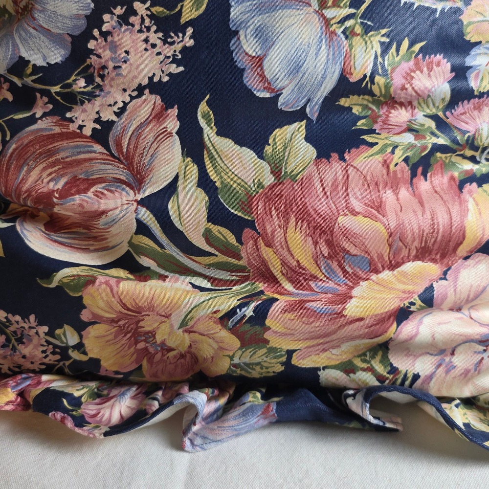 Vintage Floral Ruffled Throw Pillow Navy Blue Pink Botanical Cottagecore - Picture 7 of 9